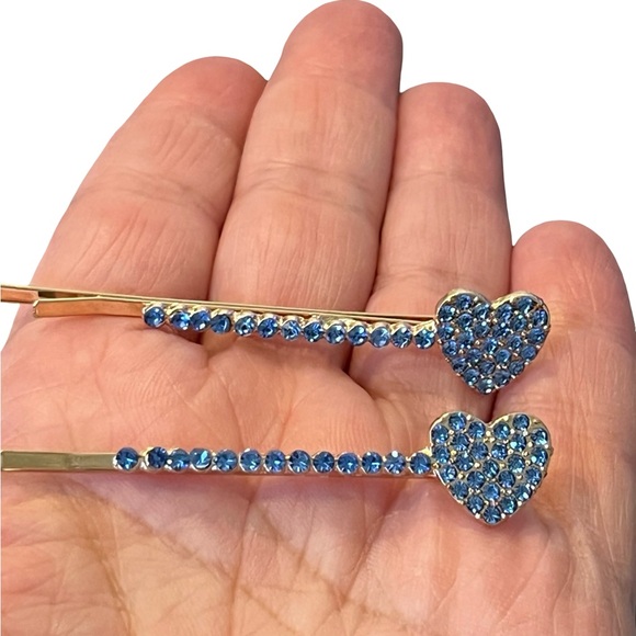 Blue Crystal Rhinestone Heart Gold Hair Clips approx 2.5” - Picture 3 of 3